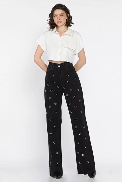 Women's High Waist Heart Patterned Jean Denim Trousers