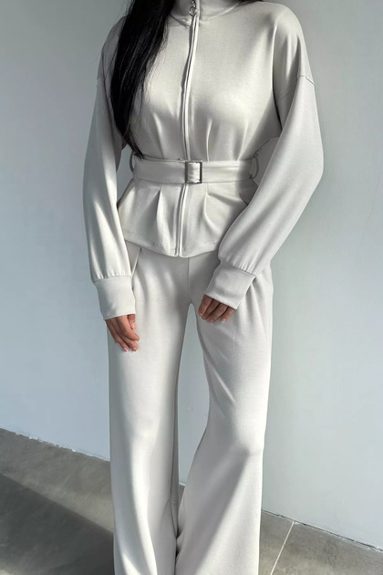 Women's Belt Detailed Jacket and Elastic Waist Pants Double Set