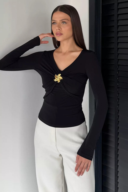 Women's V-Neck Lycra Blouse with Gold Buckle Detail