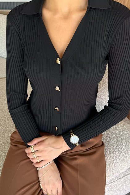 Women's Polo Collar Gold Buttoned Knitwear Cardigan (Available in Sizes S-M-L.)