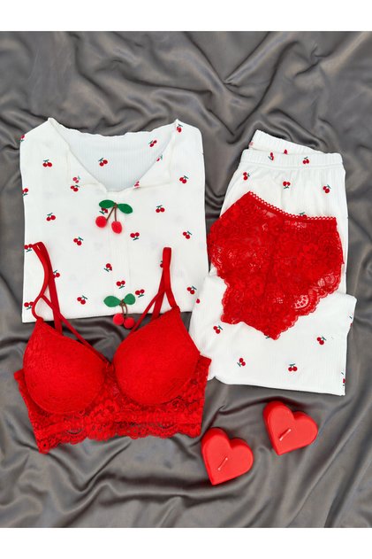 Women's Patterned Berlin Ribbed Knit Pajama Set with Underwear