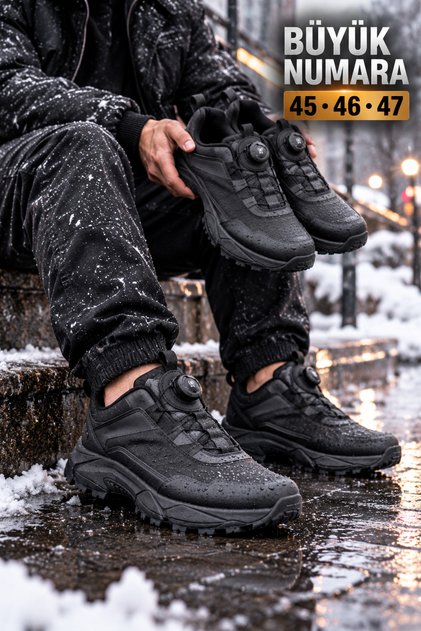 Large Size 45-46-47-48 Men's Mechanical Lace-Up Trekking & Outdoor Sports Shoes Black