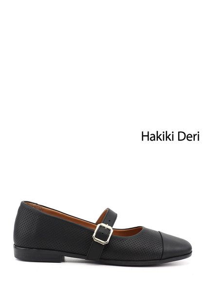 Women's Black Printed Mary Jane Genuine Leather Ballerinas
