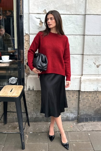 Relaxed Cut Slit Detailed Crew Neck Sweater Women's Sweater 4616142Y