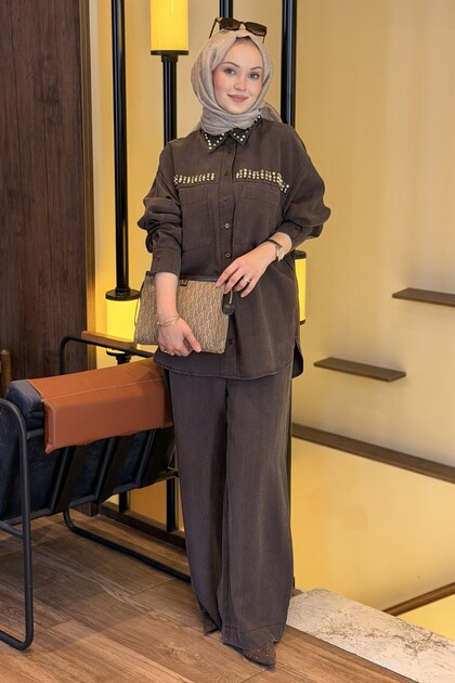 Trok Detailed Stonewashed Effect Shirt and Trousers Set
