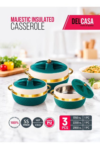 Majestic 3-Piece Insulated Casserole Set, Stainless Steel Inner, 1350 ml, 2250 ml & 2950 ml, Green – DC3378