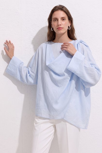 Shoulder Shawl Detailed Tunic Y0156 - Baby Blue