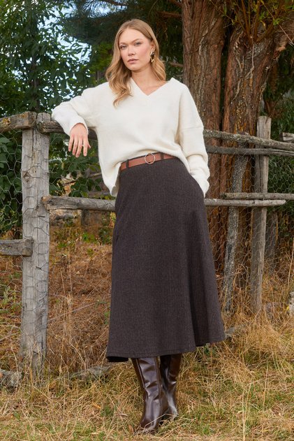 Herringbone Patterned Belted Maxi Skirt