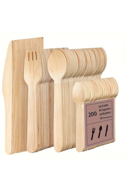 Beige 200 Pcs Party Disposable Wooden Tableware Set -(50 Forks, $50, 50 Spoons, 50 Teaspoons), Bambo