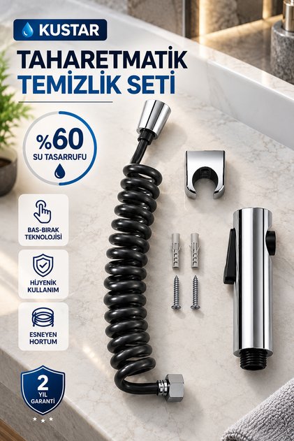 Bas Bırak Taharetmatik Temizlik Seti Spiral Hortumlu El Duşu Şattaf Seti 160 cm Hortumlu