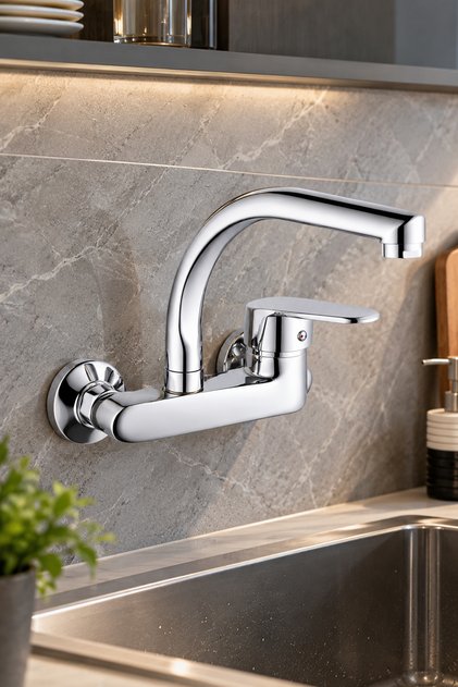 Chrome Wall Mounted Kitchen Faucet On-Off – Long Spout – Polished Chrome Faucet