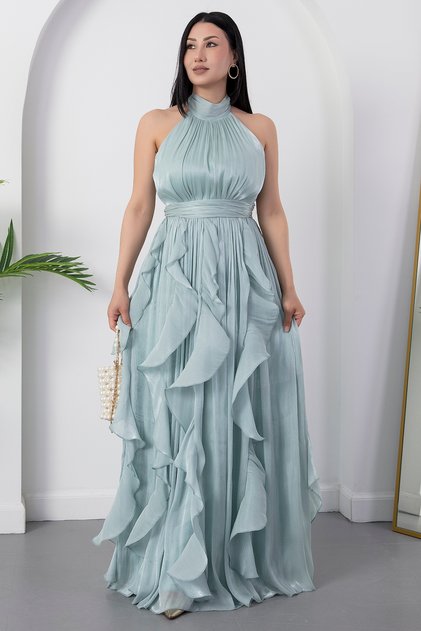 Halter Neck Ruffled Satin Dress Eli̇6073