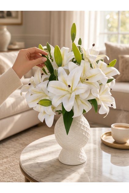 Yapay Çiçek Lilyum Demeti Beyaz Tomurcuklu 1 Demet 9 ^lu 50 cm