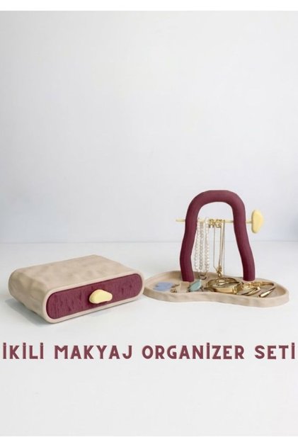 Decorative 2-Piece Jewelry Organizer Set - Jewelry Box with Drawer and Necklace Stand Burgundy Beige
