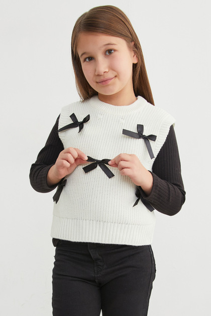Bow Detailed Crew Neck Girls' Knitwear Sweater