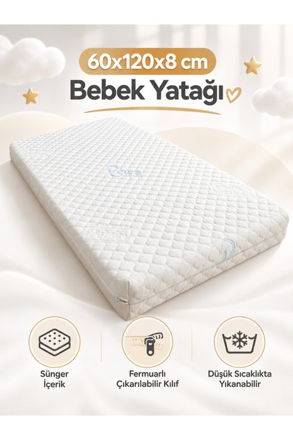 60x120 Karyolaya, Beşiğe Uyumlu Sünger Bebek Yatağı