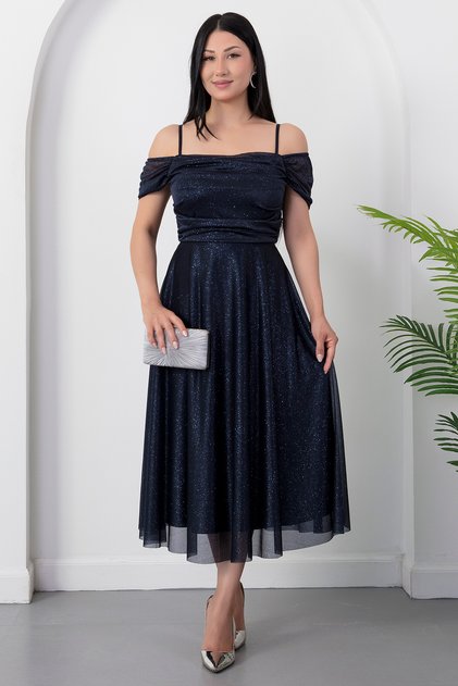 Square Neck Strap Glitter Tulle Dress 39976