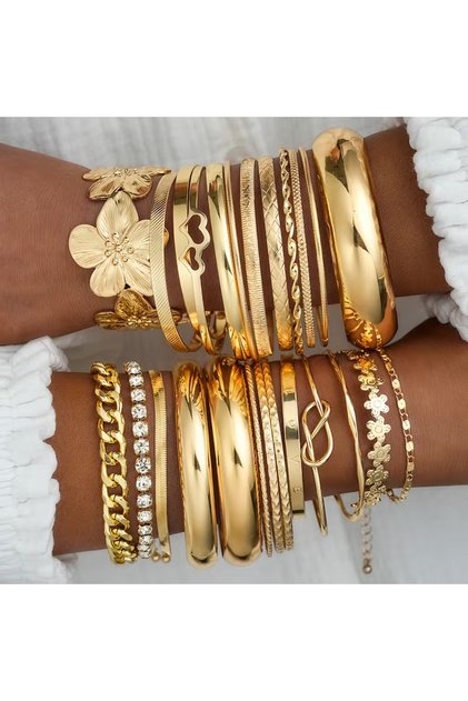 AYA 25Pcs 25 Pcs/Set Personalized Multi-Element Thick Line Gold Color Heart Pearl Zircon Bangle Brac