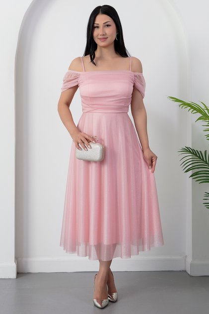 Square Neck Strap Glitter Tulle Dress 39976
