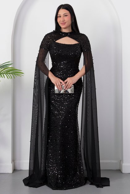 Strapless Neckline Beaded Shawl Detail Dress Etk503
