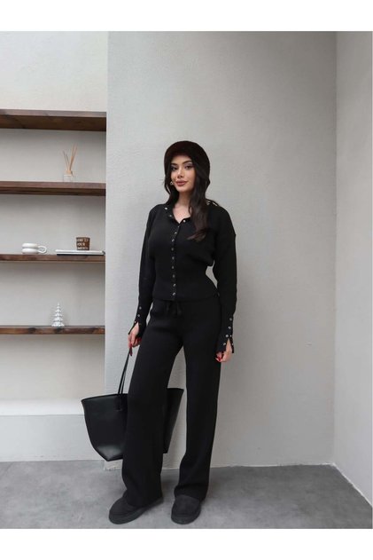 Snap Fastener Cardigan Pants Knitwear Set