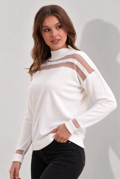 Transparent Striped Knitwear Sweater Knitwear Blouse 1107 Ecru
