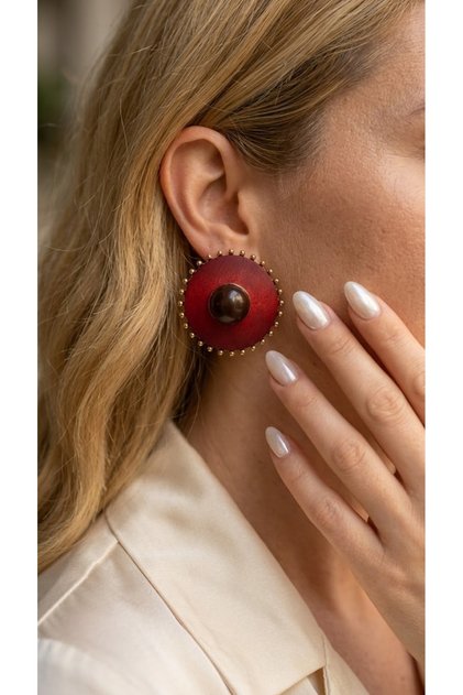 Women's Earrings Bijouterie Burgundy Round Shape Stone Detailed Gold Color