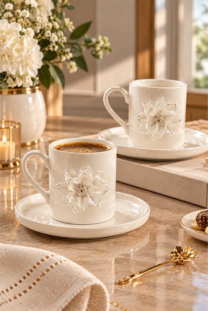 2 Person White Porcelain Tulip Lotus Luxury Coffee Cup Set 100ml