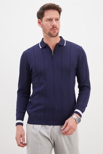Half-Zip Striped Polo Collar Knit Sweater