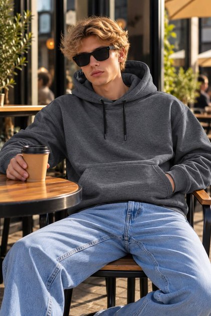 Standard Fit Cotton Soft Textured Basic Hooded Kangaroo Pocket Anthracite Sweatshirt