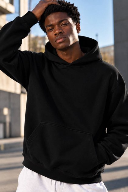 Oversized Hoodie | Blackout (Unisex Cotton Soft Textured Wide Cut Black Hooded Sweatshirt)