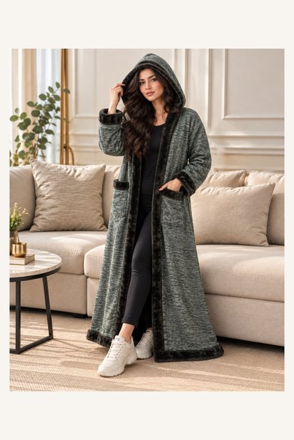 Women's Winter Plain Knitted Fur Hooded - Warm Long Coat
