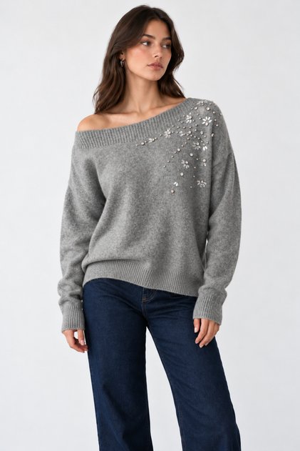 Women's Gray Boat Neck Embroidered Stone Detailed Sweater