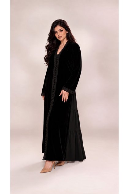 Black Velvet Abaya with Crepe Pleats at the Back