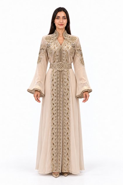 Women's Long Caftan with Shiny Stones and Embroidery Work