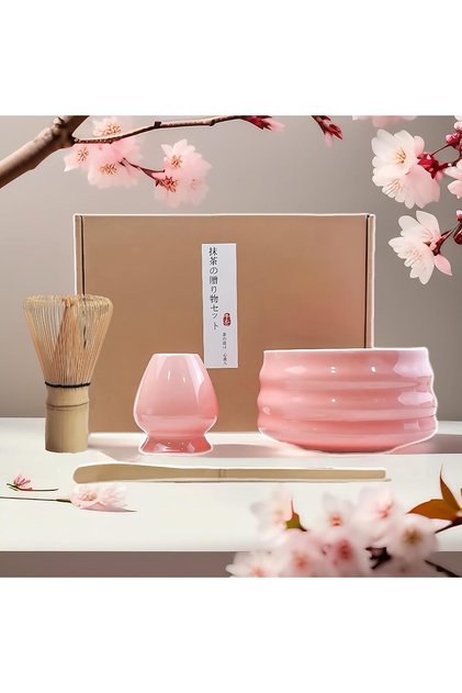 Pink Japanese Matcha Set,4-Piece Ceramic Chawan Bowl,Bamboo Whisk,Stand and Scoop