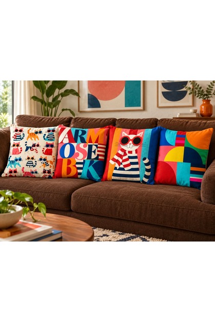 Cool Cats Colorful Cat and Geometric Pattern Digital Printed Velvet Texture Polyester 4-Piece Cushion Cover Set(Dkr)
