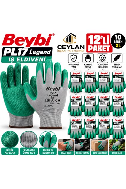 PL17 Legend Yeşil Gri Nitril Kaplama İş Eldiveni – 12 Çift (24 Adet) – 10/XL Beden