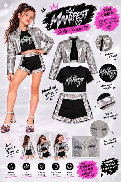 Manifest Costume - Leather Jacket - Shorts - Crop T-Shirt - Face Stone Set of 4 Birthday Party Wedding Girl's Jacket