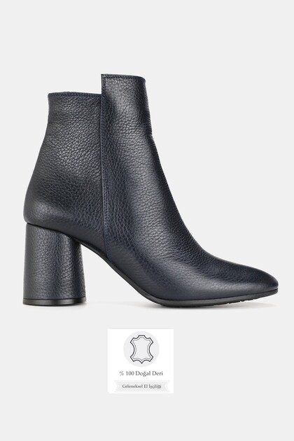 Women's Dark Blue Genuine Leather Ankle Boots with Thick Heels, Size 35-41