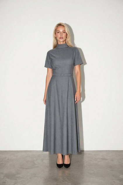 Anthracite Belt Detailed Short Sleeve Midi Dress