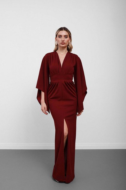 Burgundy V-Neck Corseted Bat Sleeve Long Dress