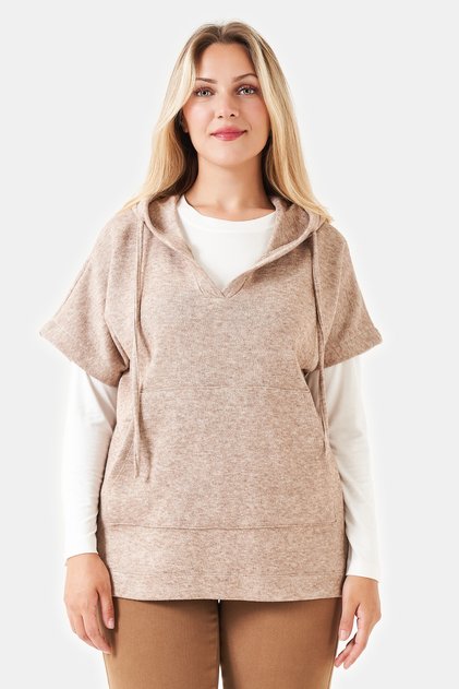 50235 Camel Relaxed Fit Hooded Knitwear Jacket