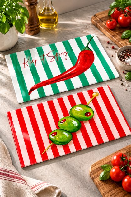 2-Piece Colored Glass Cutting Board Keep It Spicy & Olive Themed - Glass Cutting Board | 17cm X 29cm