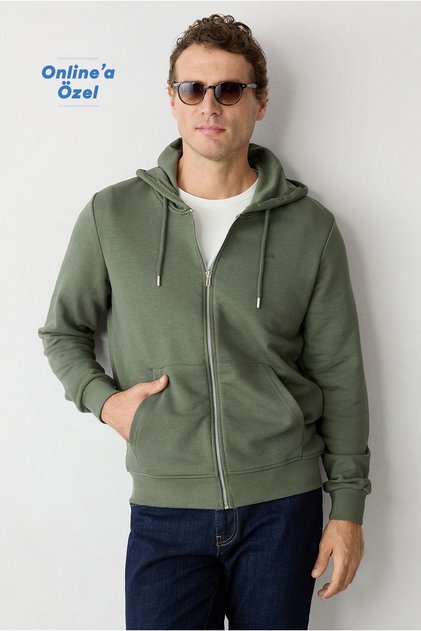Hooded, Pocketed, Regular Fit, Zippered, Three-Thread, Unshirred Cotton Sweatshirt Cardigan.
