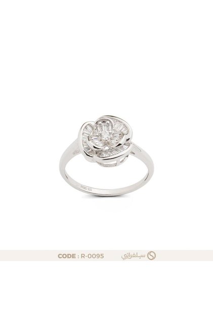 925 Silver Zircon Flower Ring Rhodium Plated
