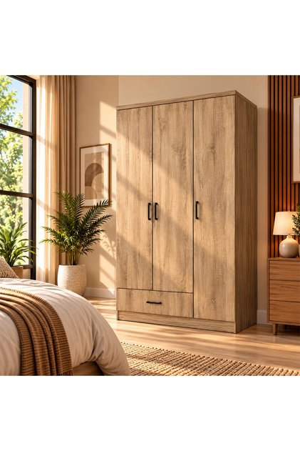 Modern wardrobe with 3 doors and a bottom drawer in wooden brown color - 120 cm