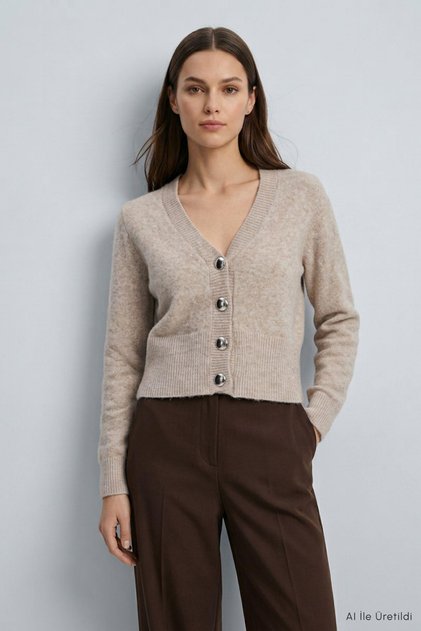 V-Neck Button Detailed Short Cardigan 2533 Stone