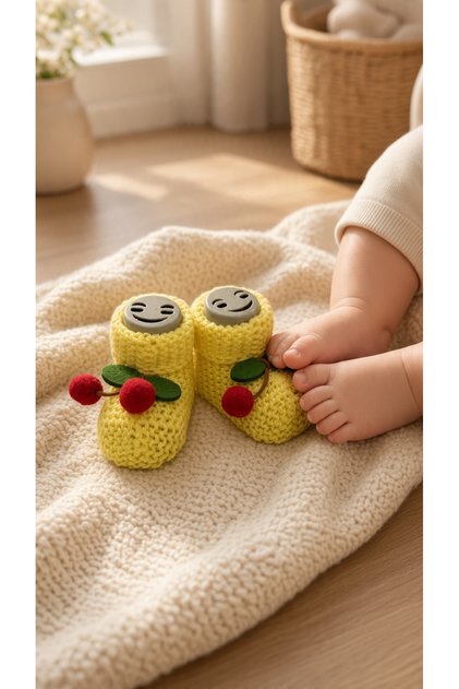 Hand Knitted Smiling Face Cherry Detailed Baby Booties Soft Knitted Home Booties