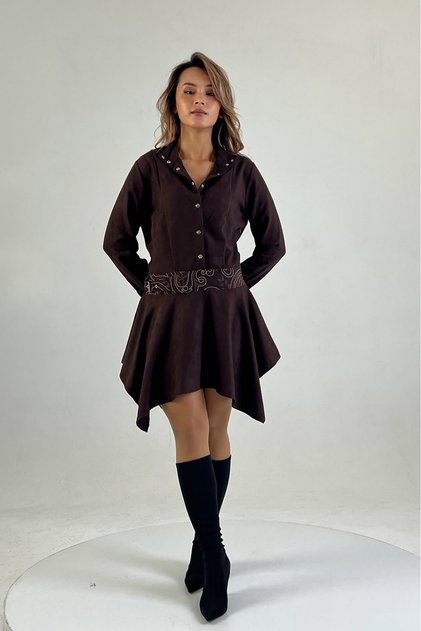 Women's Brown Stand-Up Collar Suede-Like Asymmetrical Mini Length Belted Dress Nbmy4180